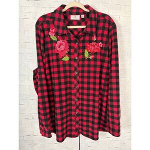 Quacker factory women’s button up blouse Shacket embroidered plaid plus size ￼